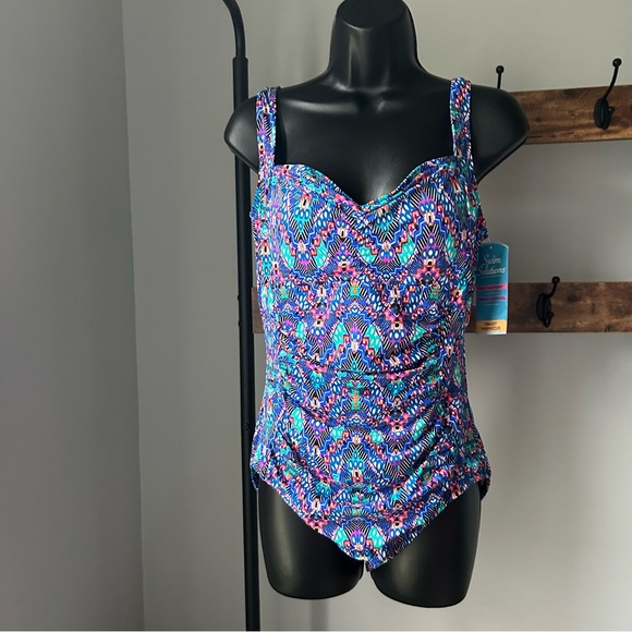 Swim Solutions Women's Tummy-Control Shirred One-Piece Swimsuit (Navy Multi, 14) - Picture 5 of 6